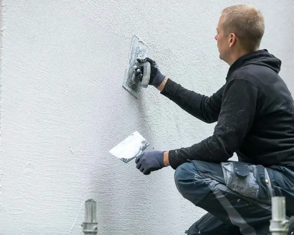 Un ouvrier applique un enduit sur un mur extérieur avec une truelle.