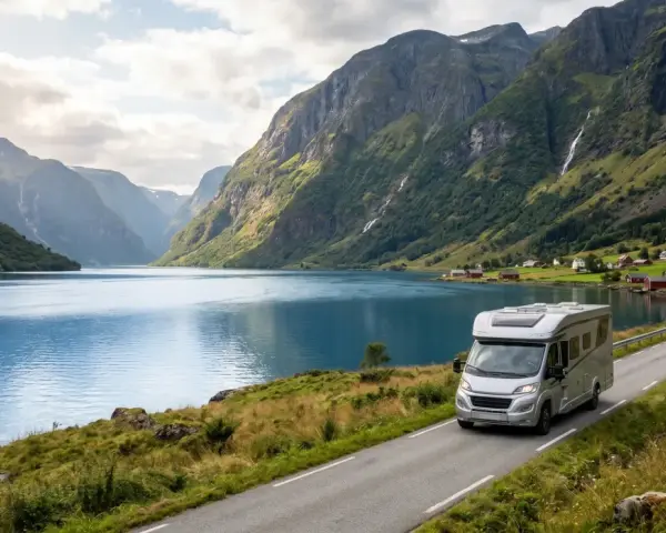 Husbil längs en fjord med dramatiska berg och vattenfall. En perfekt resa för att åka till Lofoten.