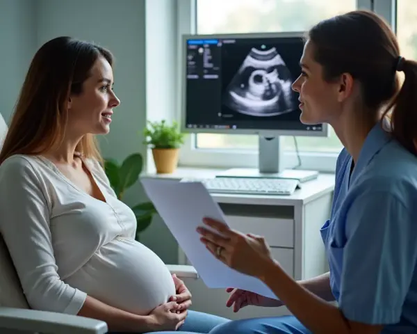 Ciężarna kobieta rozmawia z lekarką przy monitorze z badaniem USG płodu.