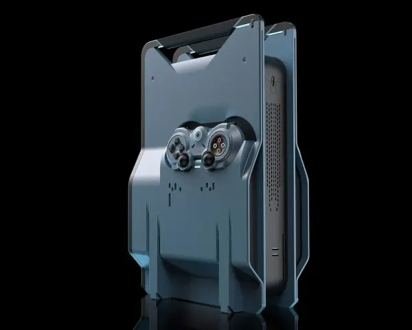 Futurystyczna konsola, przypominająca projekt playstation 6, z wbudowanym kontrolerem i futurystycznym designem.