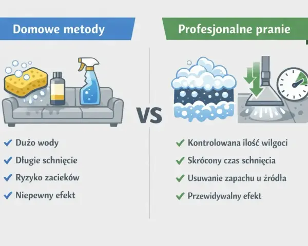 Porównanie domowych metod prania krzeseł z profesjonalnym czyszczeniem. Domowe metody to dużo wody i długie schnięcie.