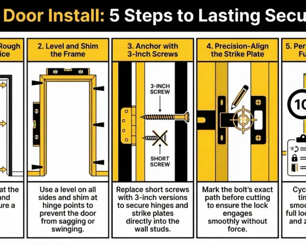 Learn how to hang a door with these 5 steps: measure, level, anchor, align strike plate, and test.