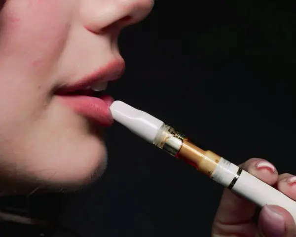Boca de joven usando un vaper sin nicotina. ¿Qué pasa si fumas vaper sin nicotina con 12 años?