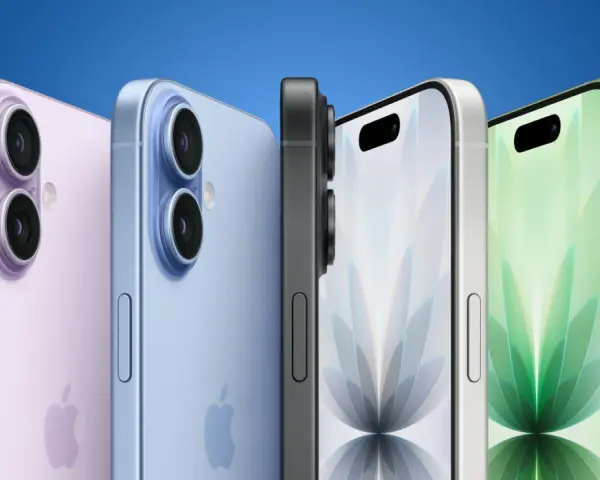 Fyra iPhones i olika färger, inklusive en lila och en ljusblå modell med dubbla kameror, samt en grå och en grön modell med Dynamic Island. Kanske en framtida iPhone SE4?
