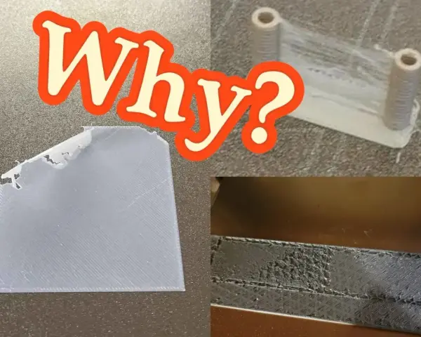 Problemy z drukiem 3D: dlaczego PETG vs PLA sprawia kłopoty? Widoczne nieudane wydruki i nitkowanie.