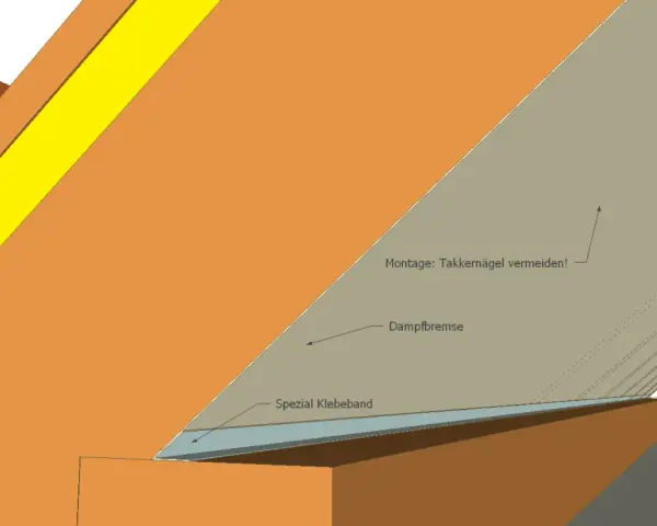 Detailansicht einer Dampfbremse am Dachboden, die mit Spezial Klebeband befestigt wird. Montagehinweis: Tackerklammern vermeiden!