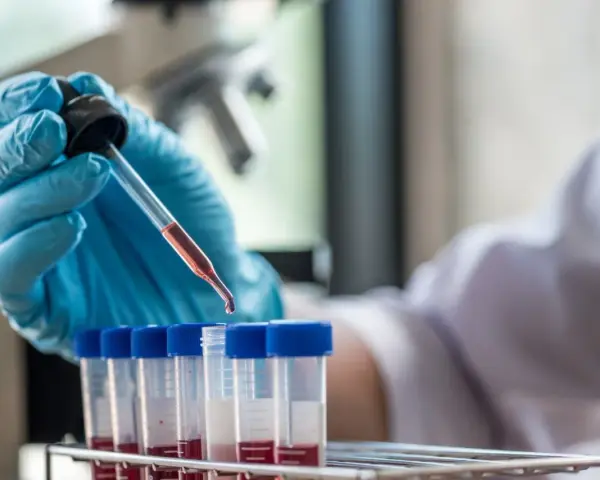 Laborant pobiera próbkę krwi do analizy. Dowiedz się, ile kosztuje test na HIV w laboratorium.