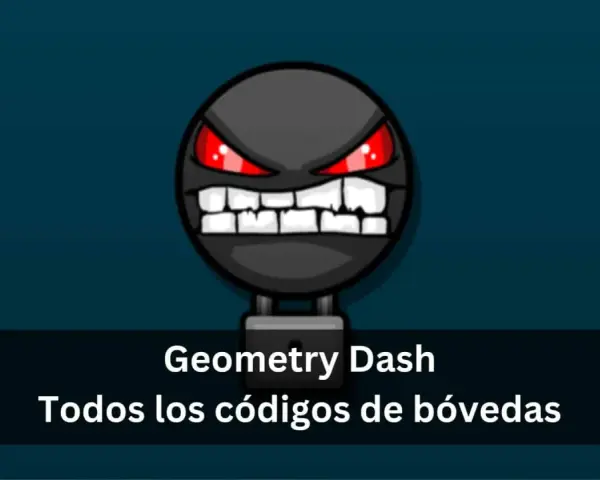 Icono de Geometry Dash con ojos rojos y dientes afilados, debajo se lee "Todos los códigos de bóvedas".