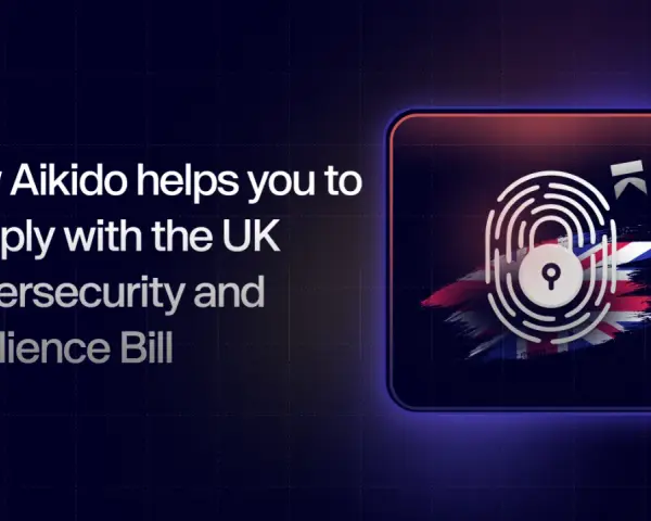 Aikido helps with UK cybersecurity compliance. A fingerprint lock over the Union Jack symbolizes secure digital sled cyber security.