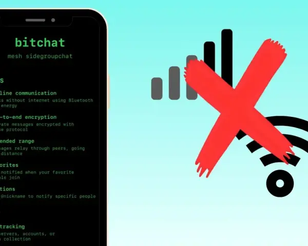 Bitchat App: Offline-Kommunikation mit Bluetooth ohne Internet. Rotes Kreuz über WLAN-Symbol.