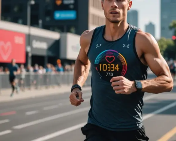 Biegacz podczas maratonu, monitorujący swoje tętno tlenowe na wyświetlaczu.