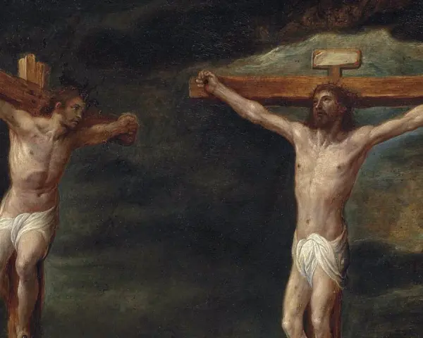 Jesus on the cross, with a repentant thief beside him, calls for change.