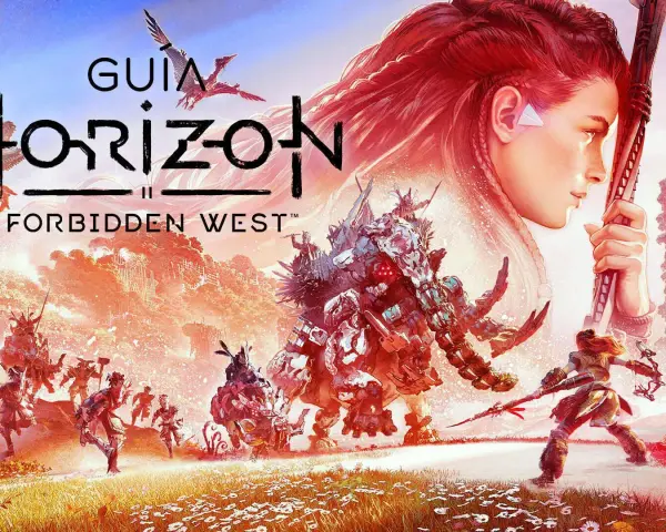 Aloy se enfrenta a un mamut mecánico en el arte de la guía de Horizon Forbidden West. ¡Conquista todas las máquinas para conseguir los trofeos!