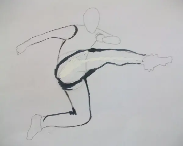 Esquisse d'un combattant en plein mouvement, la ligne de force du dessin accentue la puissance de son coup de pied.