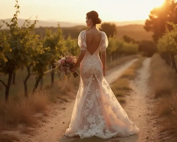 Mariée dans une robe de dentelle, bouquet à la main, marchant dans un vignoble au coucher du soleil. La longueur des brides de la robe souligne sa silhouette.