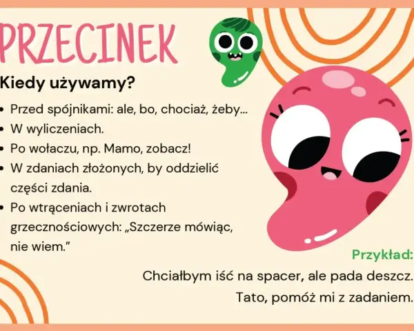 Kiedy używamy przecinka? Przed spójnikami, w wyliczeniach, po wołaczu, w zdaniach złożonych, po wtrąceniach. Przykład: Chciałbym iść na spacer, ale pada deszcz.