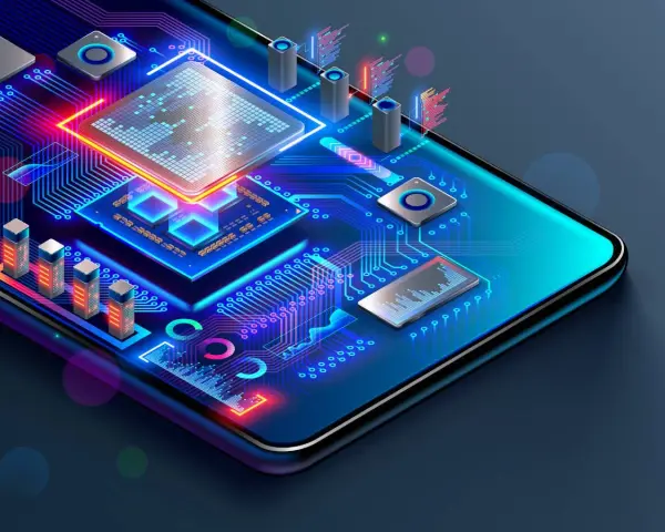 Abstrakte Darstellung eines Smartphone-Prozessors mit leuchtenden Schaltkreisen und Komponenten.