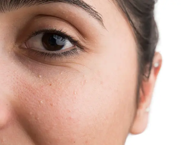 Nahaufnahme eines Auges mit kleinen weißen Milien unter dem Auge, die entfernt werden sollen.