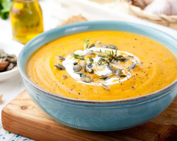 Vellutata di zucca cremosa, guarnita con panna, semi di zucca e timo, servita in una ciotola azzurra su un tagliere di legno.