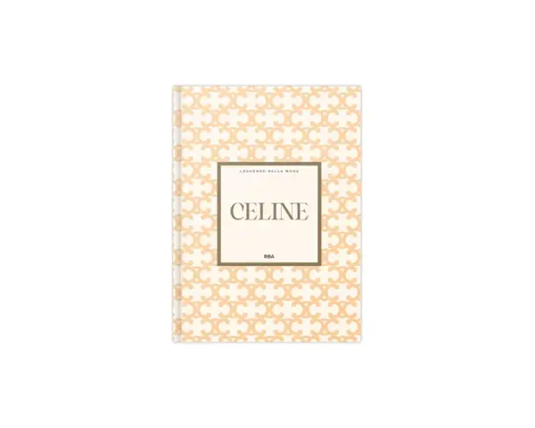Copertina di un libro sul marchio Celine, con un motivo a "C" intrecciate e il nome del brand in evidenza.