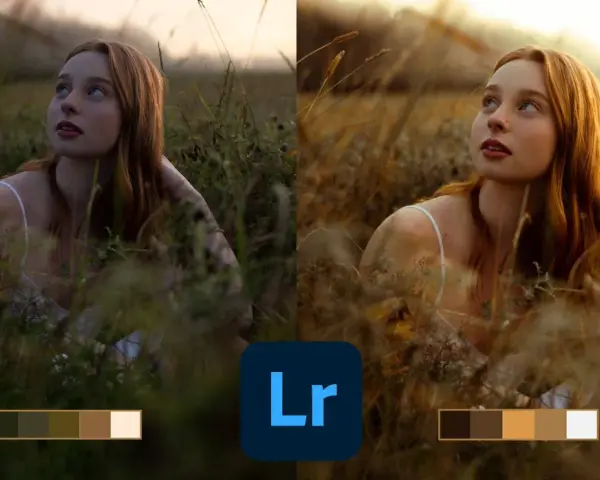 Jeune femme rousse dans l'herbe, avant et après retouche ia lightroom. Palette de couleurs chaudes et douces.