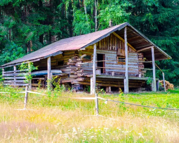 Drewniany bieszczady domek na odludziu, otoczony lasem i łąką. Wygląda jak miejsce na spokojny wypoczynek z dala od cywilizacji.