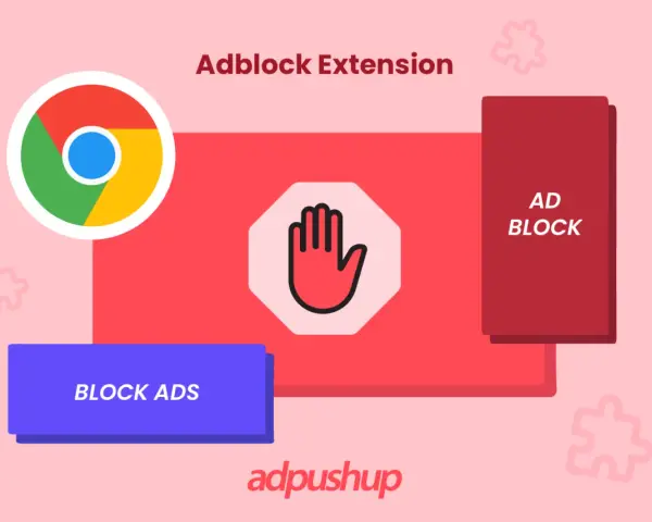Logo Chrome, symbol stop i napis "Adblock Extension" sugerują przeglądarkę bez reklam.