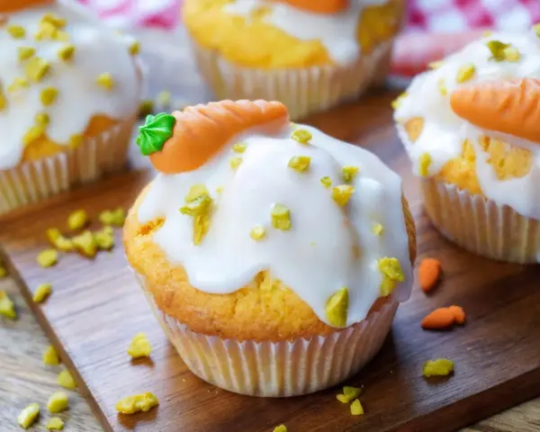 Muffins mit weißer Glasur, gehackten Pistazien und Marzipan-Karotten auf Holzbrett.