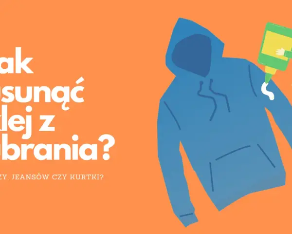 Jak usunąć klej z ubrania? Mała postać aplikuje środek na niebieską bluzę z kapturem.