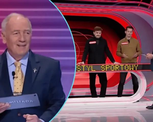 Prowadzący Familiady pyta uczestników, co mówimy, gdy czegoś nie usłyszymy. Na ekranie widać też napis "STYL SPORTOWY".