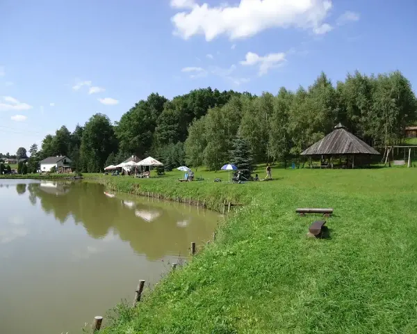 Malownicze dzikie łowiska Małopolska: spokojna woda, zielone wzgórza, drewniana altana i miejsca do wypoczynku.