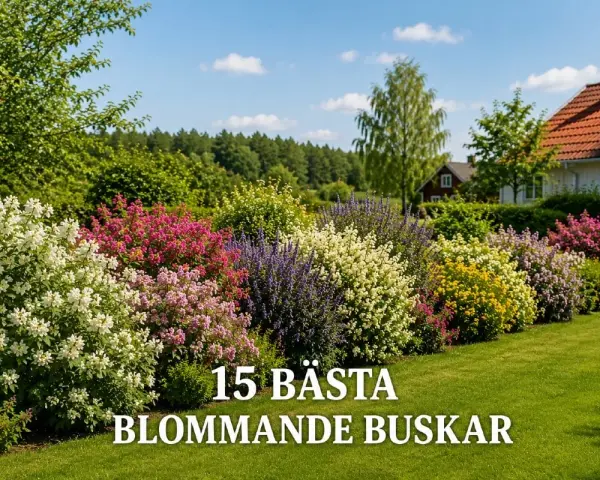 En vacker trädgård med en rad av blommande buskar i olika färger, från vitt och rosa till lila och gult.