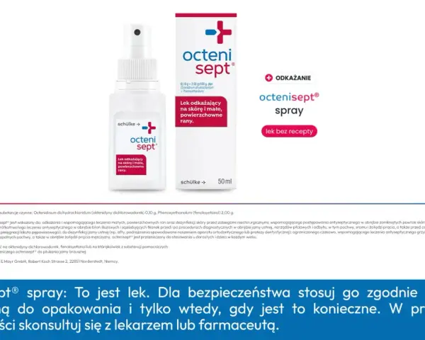 Octenisept spray do odkażania małych, powierzchownych ran, w tym w miejscach intymnych. Pomaga w leczeniu ran i dezynfekcji skóry.