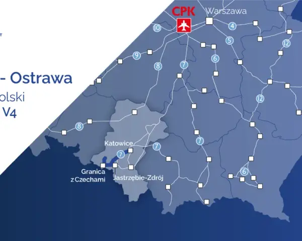 Mapa przedstawia połączenie kolejowe Katowice - Ostrawa, włączając Polskę do sieci KDP V4.