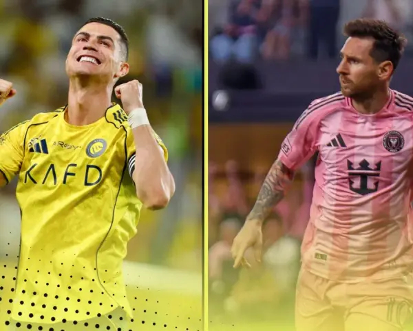 Ronaldo w żółtej koszulce świętuje, obok Messi w różowej. Kto ma więcej goli?