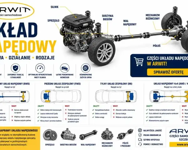 Schemat układu napędowego auta: silnik, skrzynia biegów, wał napędowy, mechanizm różnicowy, półosie.