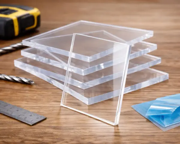 Stack of clear acrylic sheets, showcasing their plexiglass strength. Tools like a tape measure, drill bits, and ruler suggest a project in progress.