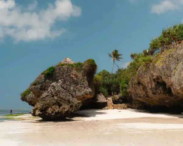 Plaża na Zanzibarze w maju. Skaliste klify, tropikalna roślinność i chatka z trawy. W oddali widać samotną postać.