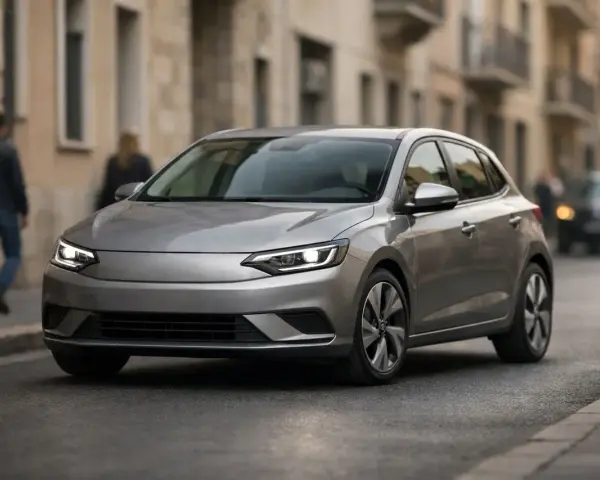 Un'auto grigia moderna, in linea con l'art 140 cds, sfreccia su una strada urbana. Persone sfocate camminano sul marciapiede.