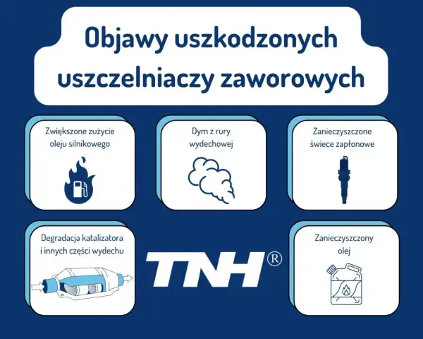 Objawy uszkodzonych uszczelniaczy zaworowych: dym z wydechu, zwiększone zużycie oleju, zanieczyszczone świece i katalizator.