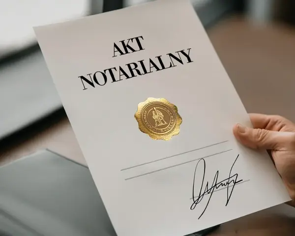 Dłoń trzyma dokument "Akt Notarialny" z pieczęcią i podpisem.