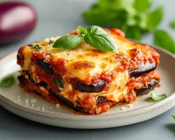 Porción de berenjenas a la parmesana, con capas de berenjena, salsa de tomate y queso derretido, decorada con albahaca fresca.