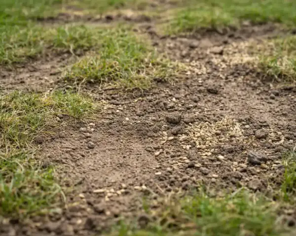 Nahaufnahme von Rasensamen auf Erde mit spärlichem Gras.