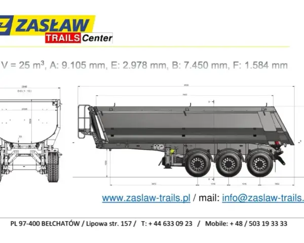 Rysunek techniczny naczepy Zasław. Wymiary: V=25 m³, A=9105 mm, E=2978 mm. Wysokość naczepy tira to 2,978 m.