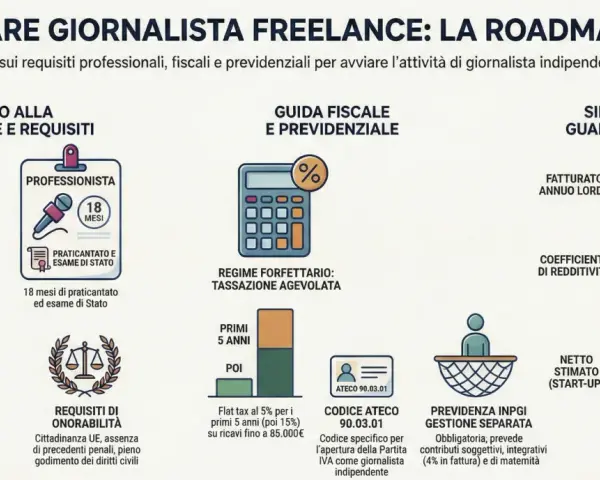 Guida per diventare giornalista freelance: requisiti, tasse, previdenza e guadagno netto. Un percorso per chi vuole fare il giornalista senza laurea.