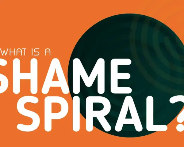 What is a shame spiral?" text on an orange background with a dark green circular graphic. Learn how to deal with shame.