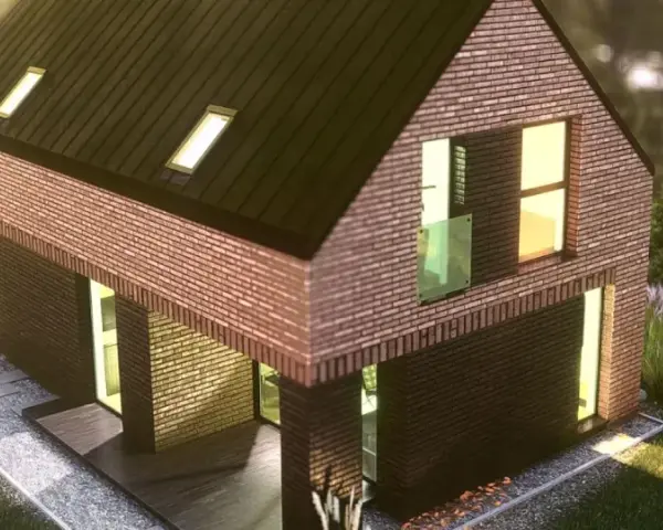 Nowoczesny dom z cegły, z dużymi oknami i dachem pokrytym dachówką. Wokół zadbany ogród z białym płotem. Idealne gunb darmowe projekty dla Twojego wymarzonego domu.