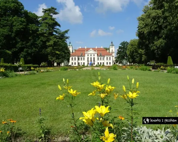 Pałac w Kozłówce otoczony ogrodem z kwitnącymi liliami. Wspaniałe kozłówka atrakcje dla każdego.