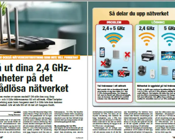 En router med antenner på ett bord. Bredvid en artikel om hur man får ut sina 2,4 GHz-enheter på det trådlösa nätverket, med tips om att koppla router till router.