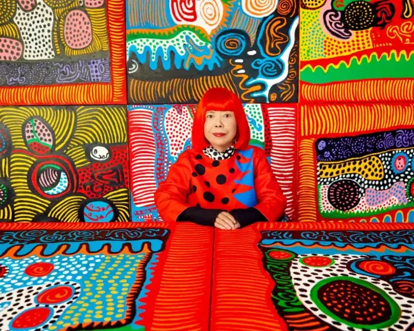 Yayoi Kusama, entourée de son univers psychédélique, une explosion de couleurs vives et de pois emblématiques.